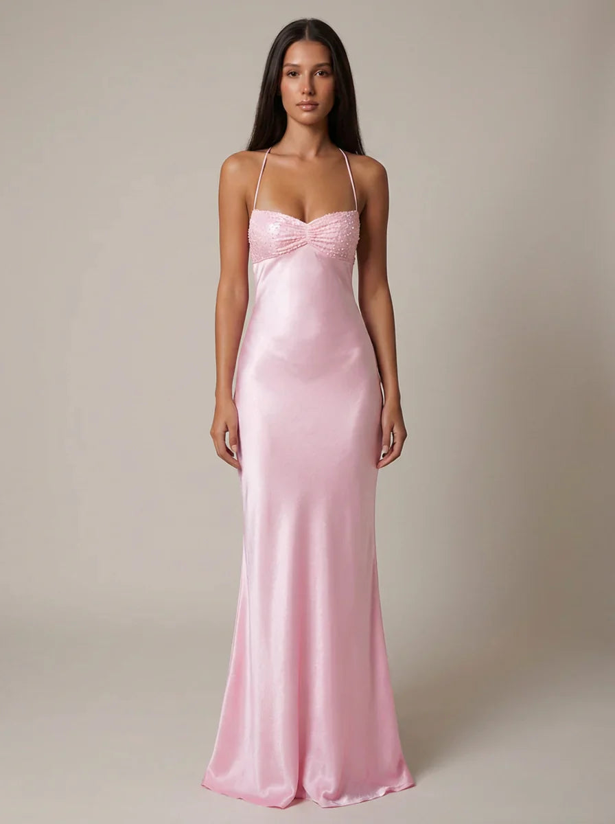 amelia satin maxi dress Amelia Deep-v Satin Maxi Dress In Green