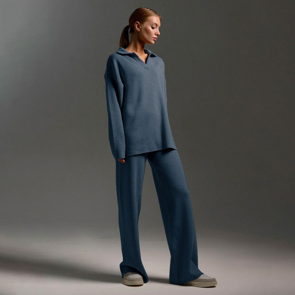 Women’s Lounge Set | Soft Collared Top & Wide-Leg Trousers for Autumn & Winter