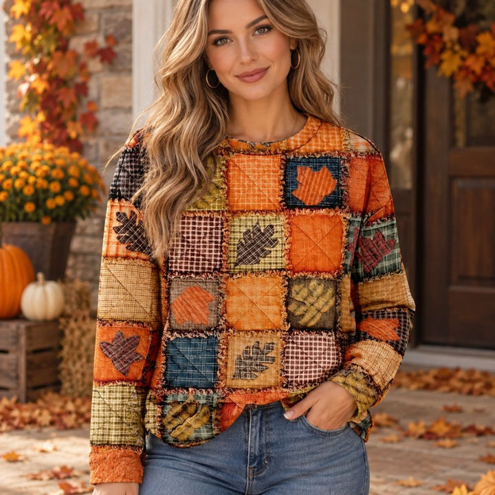 Women’s Patchwork Print Sweater | Harvest-Inspired Autumn Pullover