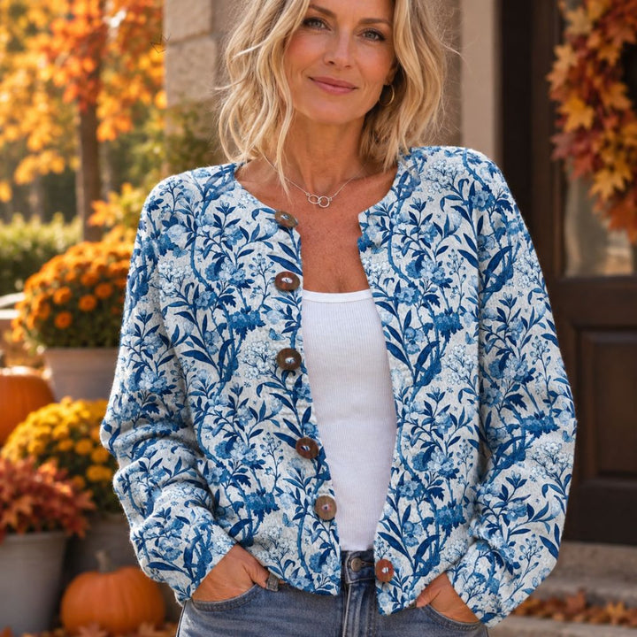 Women’s Floral Button-Front Cardigan | Blue & White Autumn & Winter Knitwear