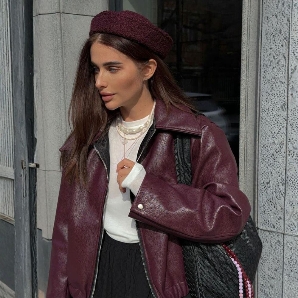 Women’s Burgundy Leather Jacket | Stylish Autumn Layering