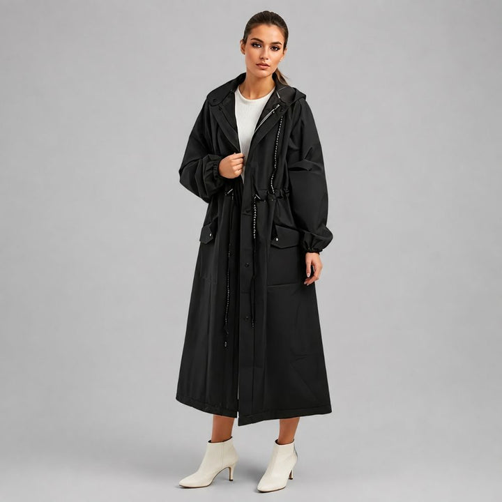 Women’s Long Rain Jacket – Hooded & Waterproof | Rainy Autumn Days