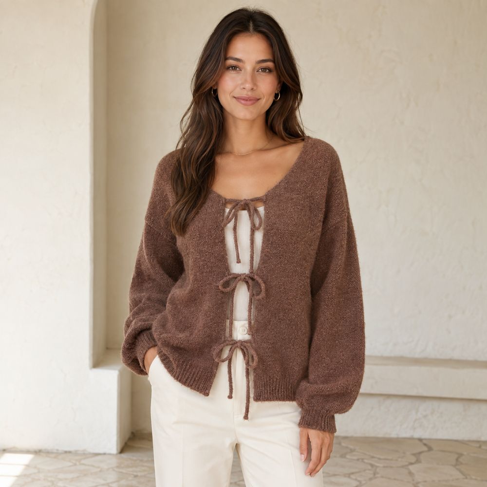 Women’s Bow Knitted Sweater | Romantic Lantern Sleeve Autumn & Winter Wear