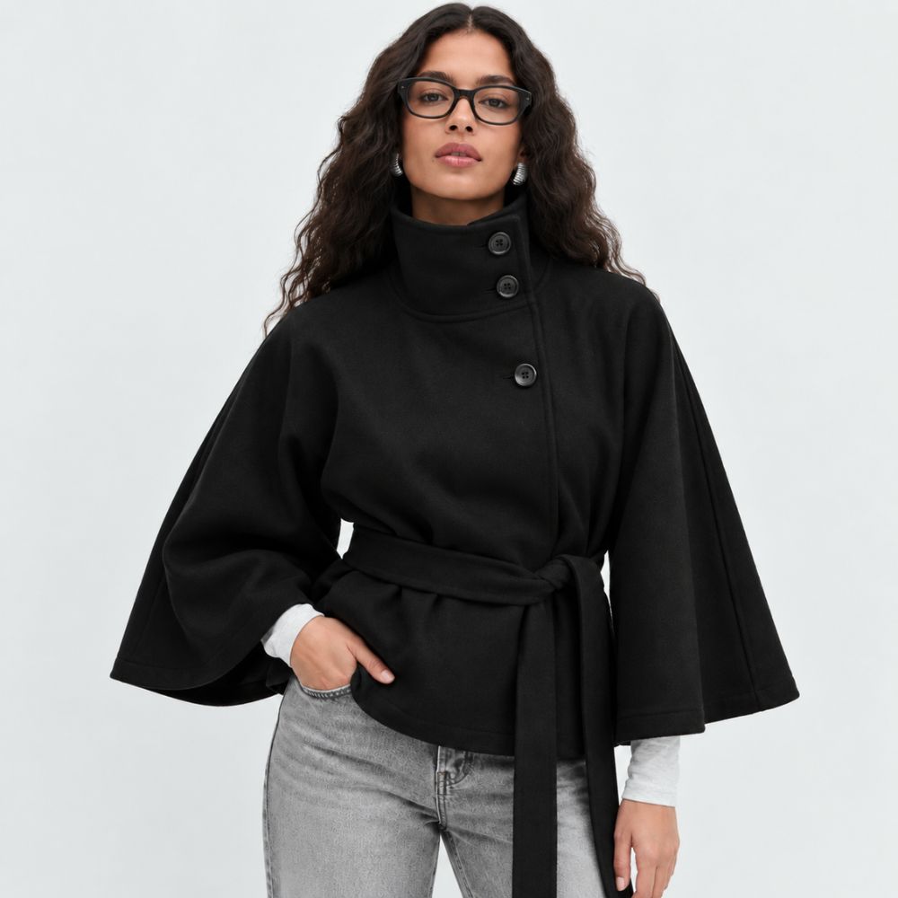 Women’s Belted Cape Coat | Elegant High-Collar Autumn & Winter Outerwear