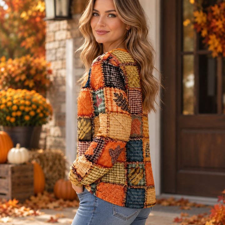 Women’s Patchwork Print Sweater | Harvest-Inspired Autumn Pullover