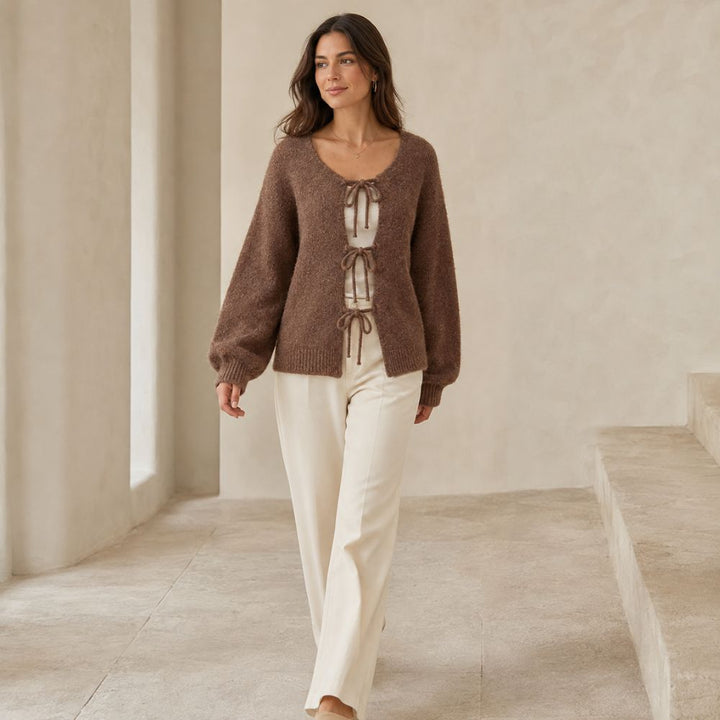 Women’s Bow Knitted Sweater | Romantic Lantern Sleeve Autumn & Winter Wear