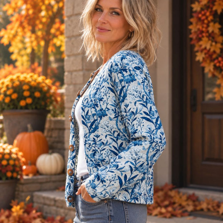 Women’s Floral Button-Front Cardigan | Blue & White Autumn & Winter Knitwear