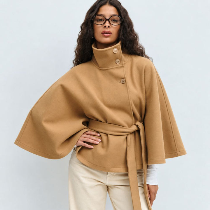 Women’s Belted Cape Coat | Elegant High-Collar Autumn & Winter Outerwear