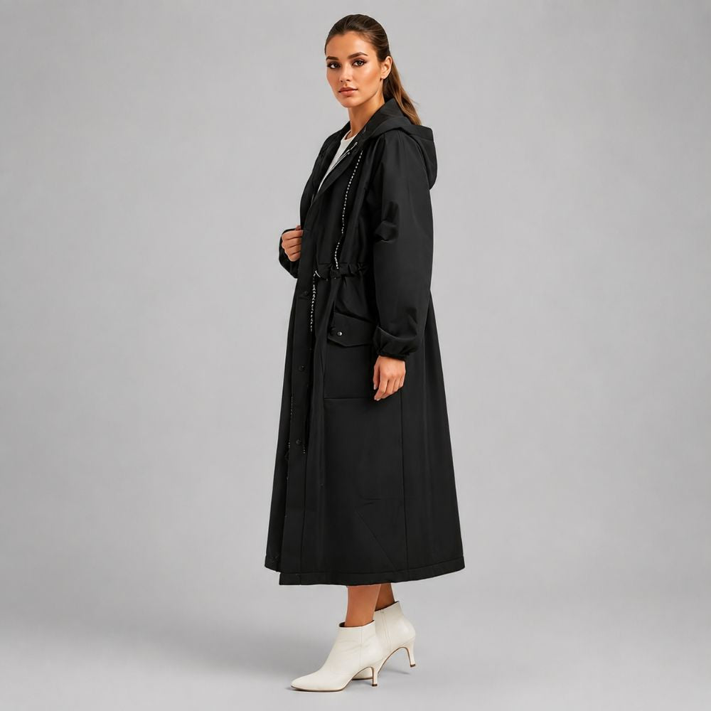 Women’s Long Rain Jacket – Hooded & Waterproof | Rainy Autumn Days