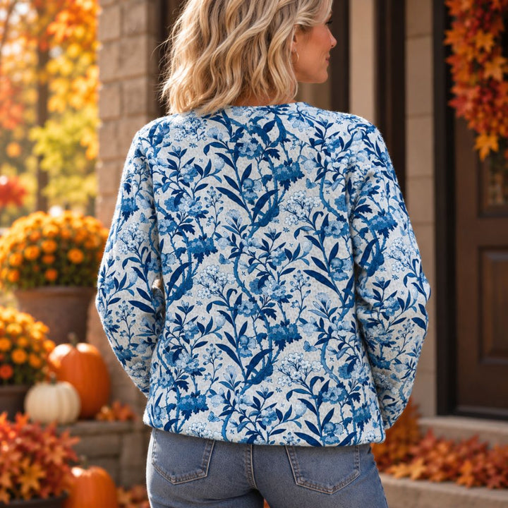 Women’s Floral Button-Front Cardigan | Blue & White Autumn & Winter Knitwear