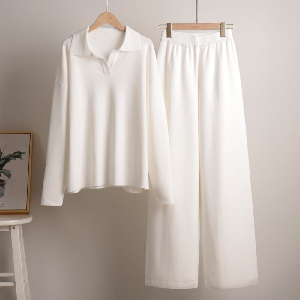 Women’s Lounge Set | Soft Collared Top & Wide-Leg Trousers for Autumn & Winter