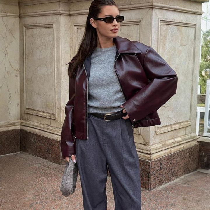 Women’s Burgundy Leather Jacket | Stylish Autumn Layering