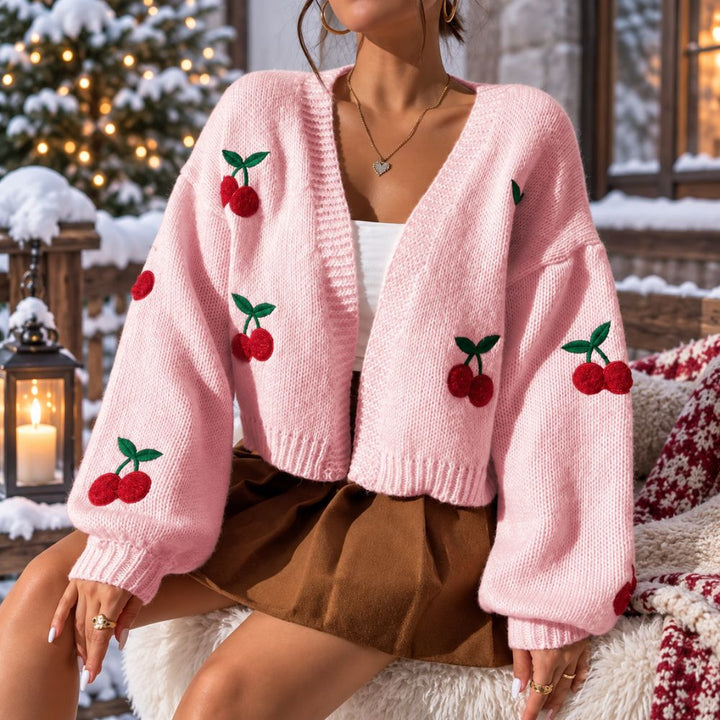 Women’s Merino Wool & Cashmere Cardigan | Cherry-Print Autumn Layering