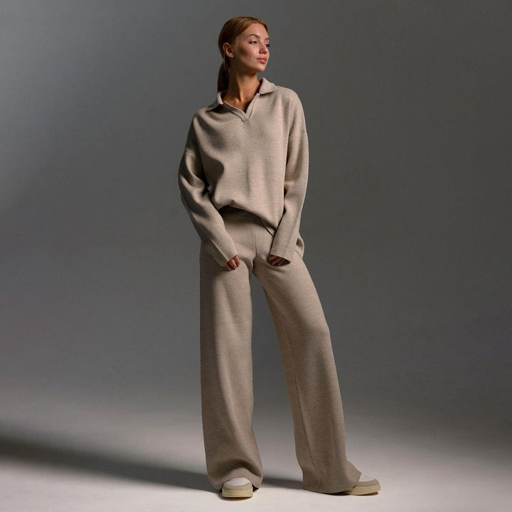 Women’s Lounge Set | Soft Collared Top & Wide-Leg Trousers for Autumn & Winter