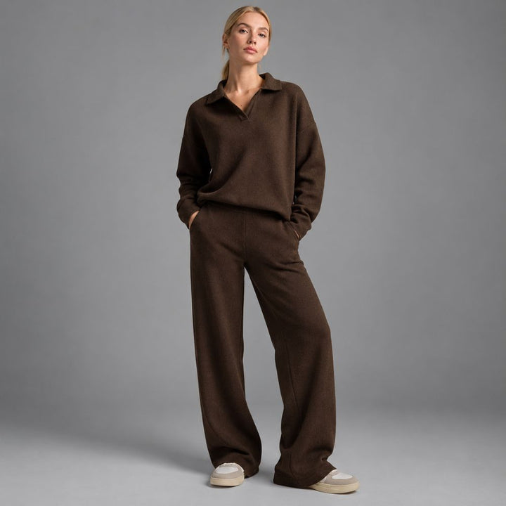 Women’s Lounge Set | Soft Collared Top & Wide-Leg Trousers for Autumn & Winter