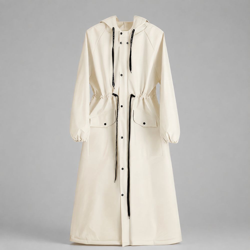 Women’s Long Rain Jacket – Hooded & Waterproof | Rainy Autumn Days