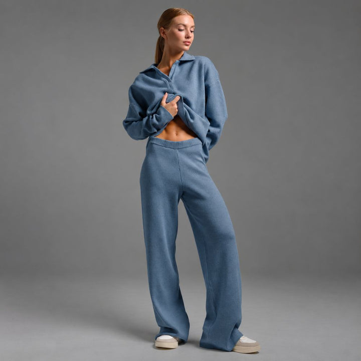 Women’s Lounge Set | Soft Collared Top & Wide-Leg Trousers for Autumn & Winter