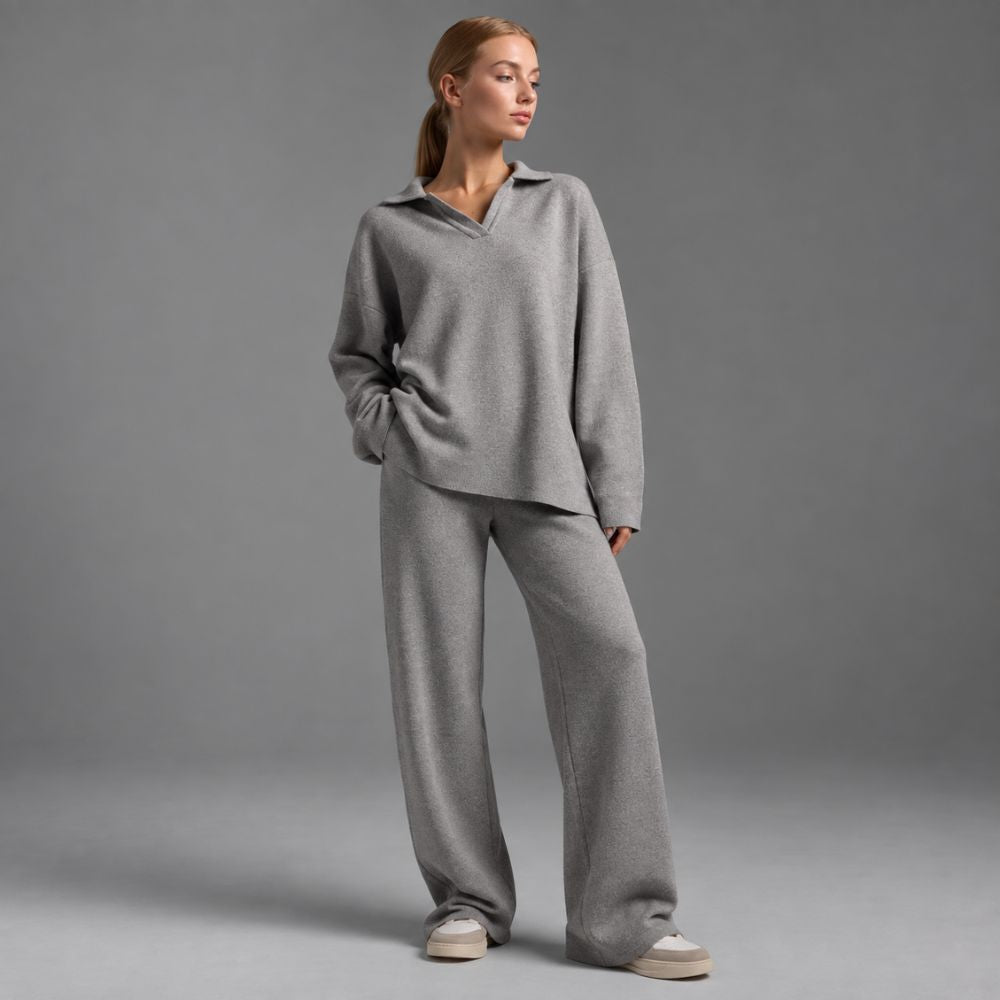 Women’s Lounge Set | Soft Collared Top & Wide-Leg Trousers for Autumn & Winter