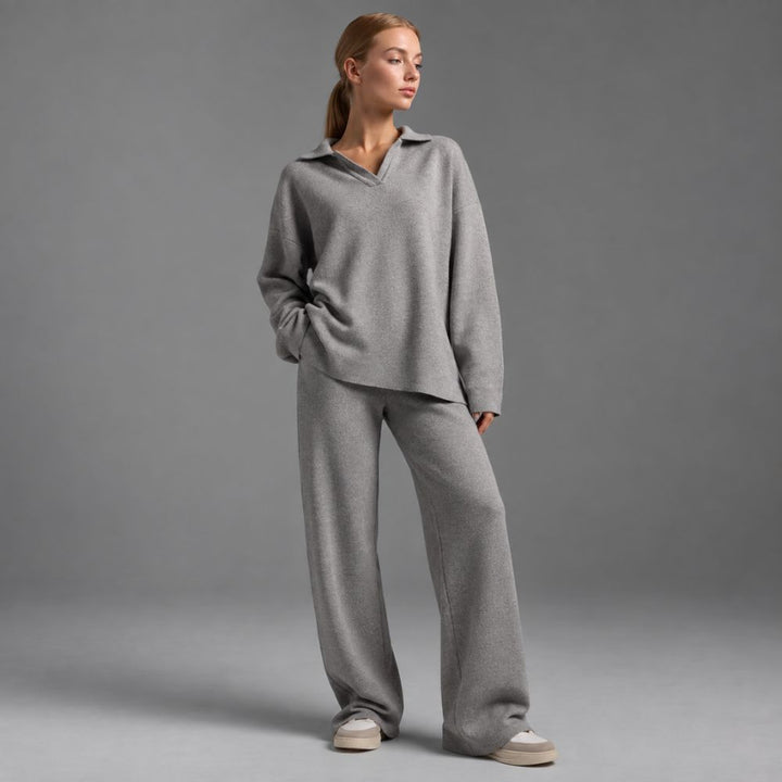 Women’s Lounge Set | Soft Collared Top & Wide-Leg Trousers for Autumn & Winter