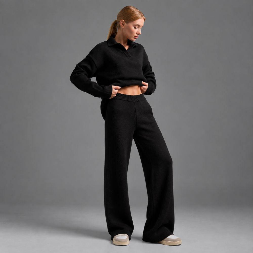 Women’s Lounge Set | Soft Collared Top & Wide-Leg Trousers for Autumn & Winter