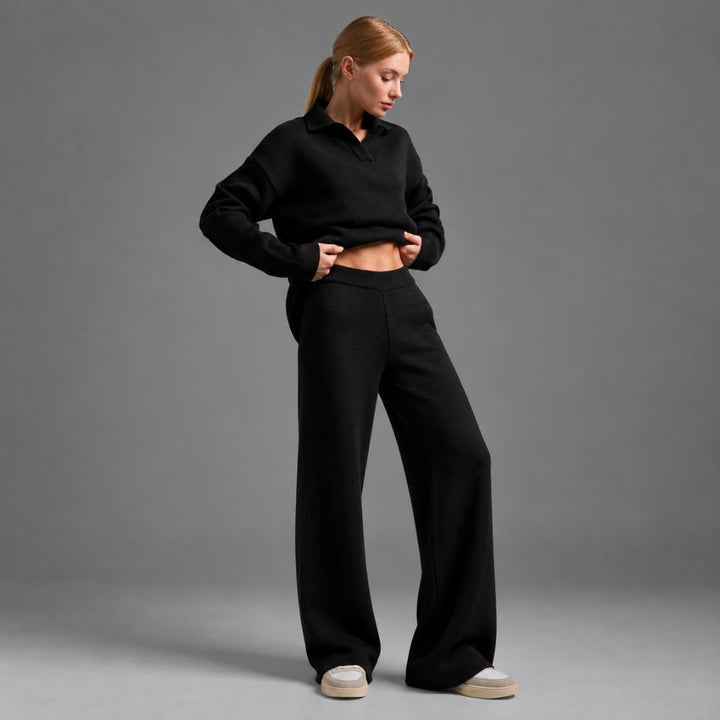 Women’s Lounge Set | Soft Collared Top & Wide-Leg Trousers for Autumn & Winter