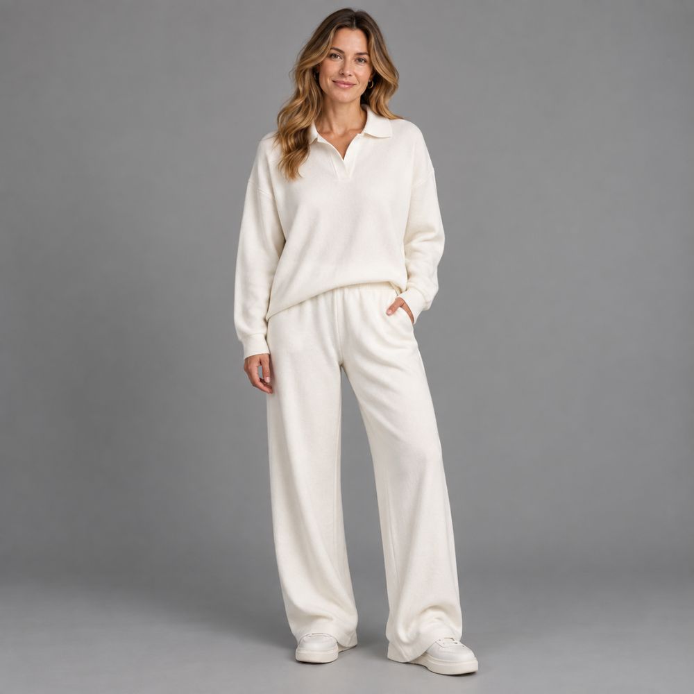 Women’s Lounge Set | Soft Collared Top & Wide-Leg Trousers for Autumn & Winter