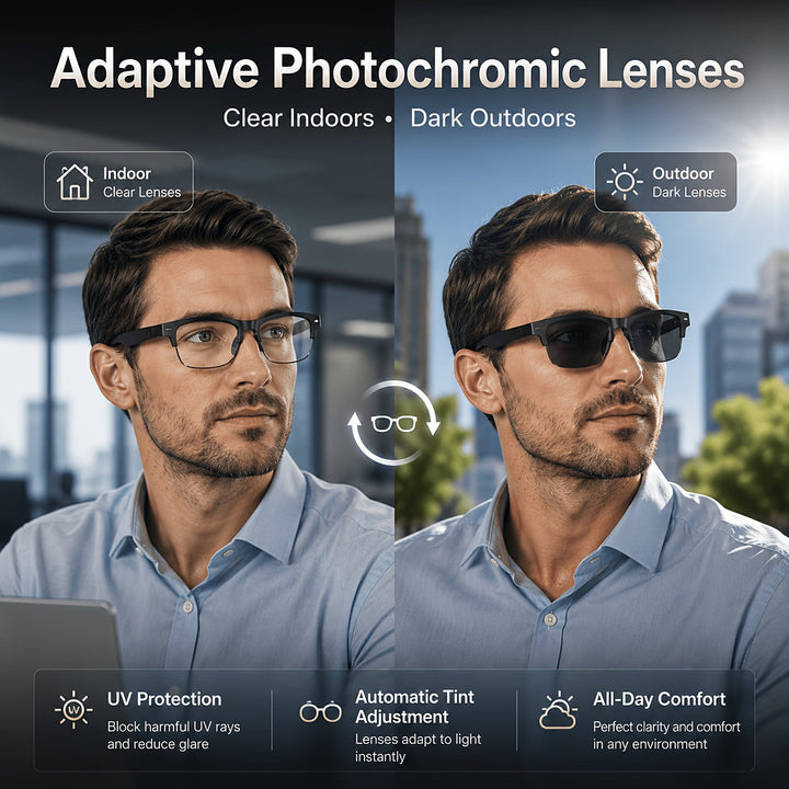 AI translation smart glasses with photochromic lenses and open-ear audio