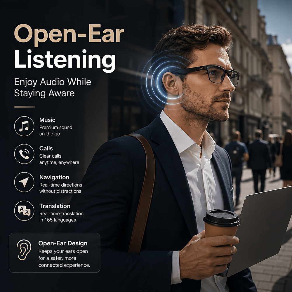 AI translation smart glasses with photochromic lenses and open-ear audio