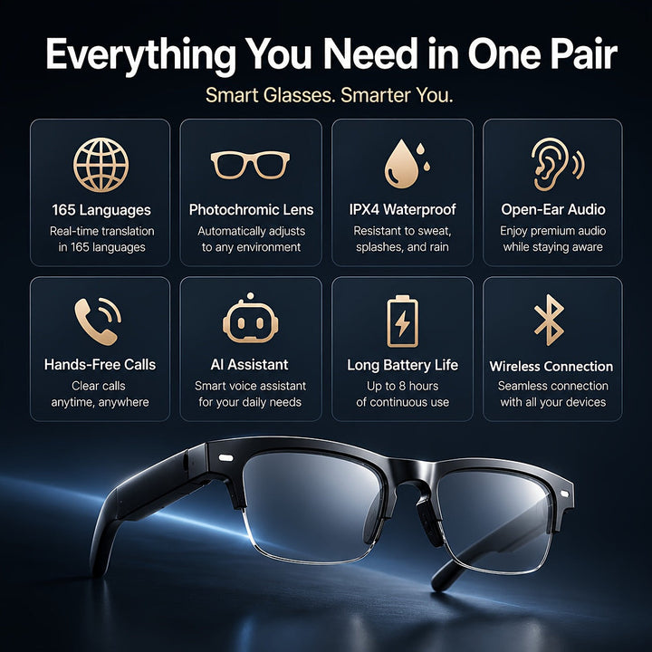 AI translation smart glasses with photochromic lenses and open-ear audio
