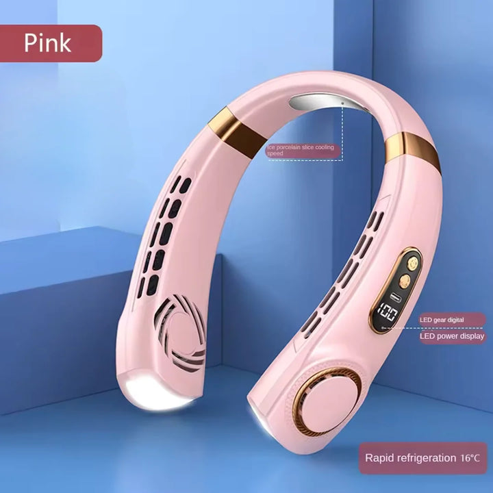 Ergonomic neck fan with LED display and USB-C charging for workouts and outdoor activities