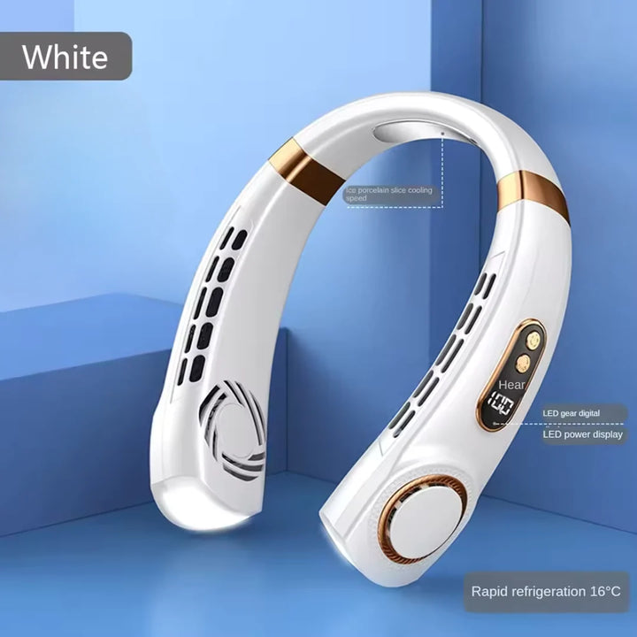 Travel-friendly rechargeable neck fan with 360-degree cooling and lightweight construction