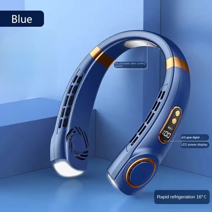 Hands-free neck fan with digital display and three wind modes for summer outdoor events