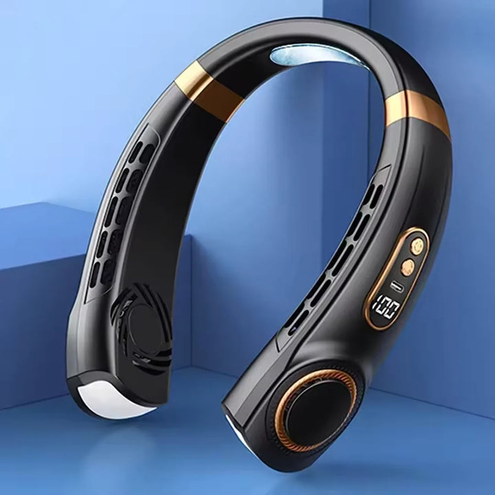 Portable bladeless neck fan with ergonomic design and adjustable airflow vents for hands-free cooling