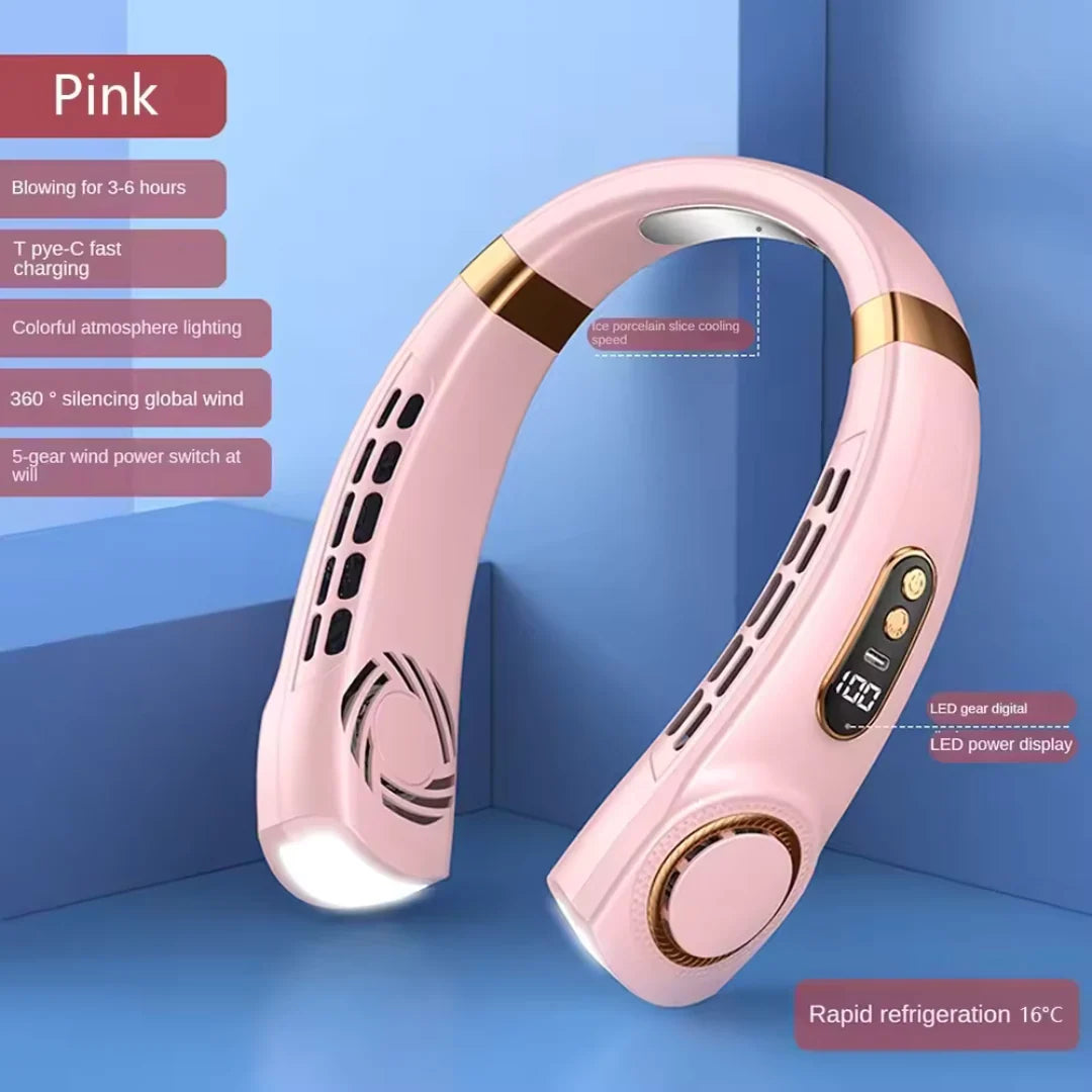 USB-C rechargeable neck fan with LED display and three-speed settings for customisable cooling