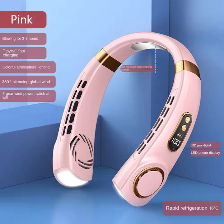 USB-C rechargeable neck fan with LED display and three-speed settings for customisable cooling