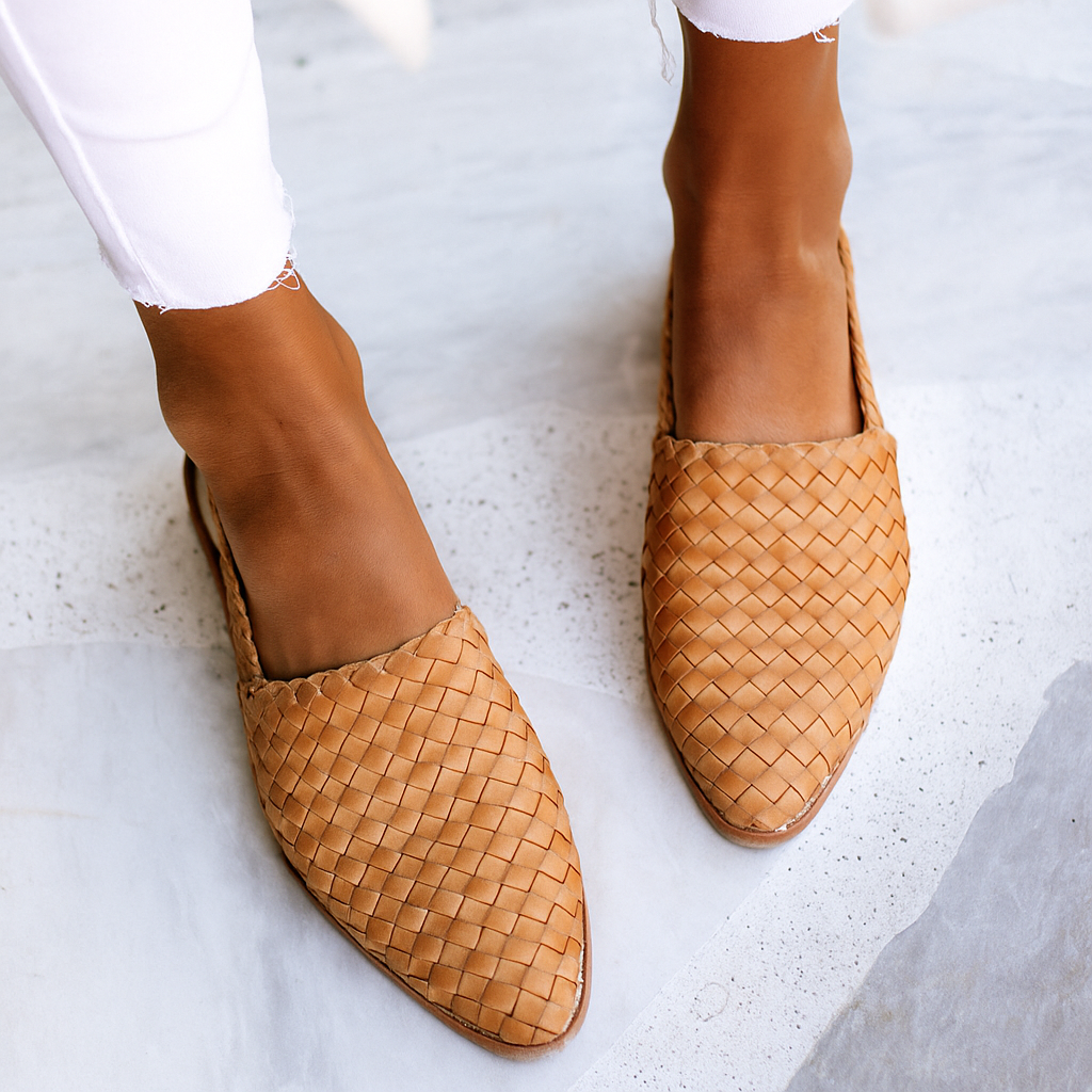 Amelia Classic Orthopaedic Sandal with woven tan upper and closed-toe design on neutral surface