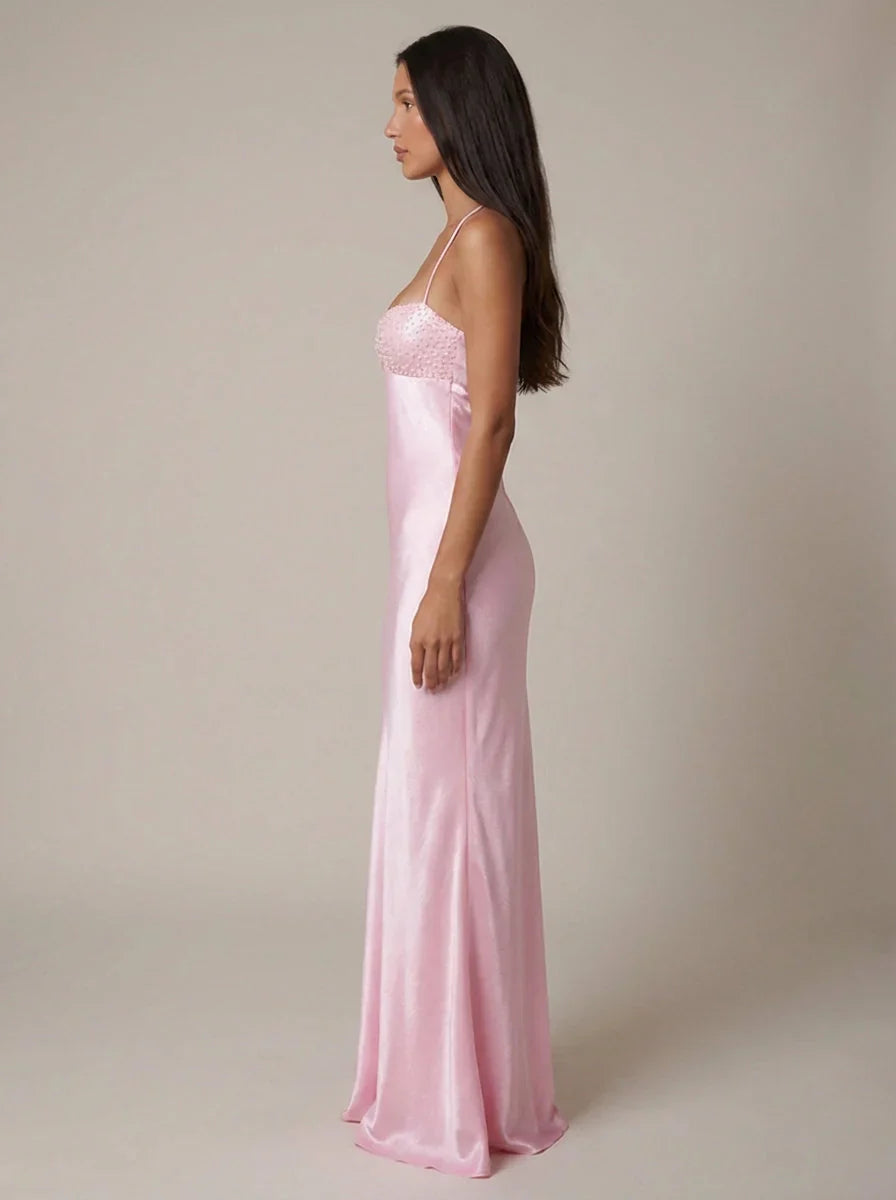 Full-length halter neck maxi dress with smooth satin finish and slim silhouette