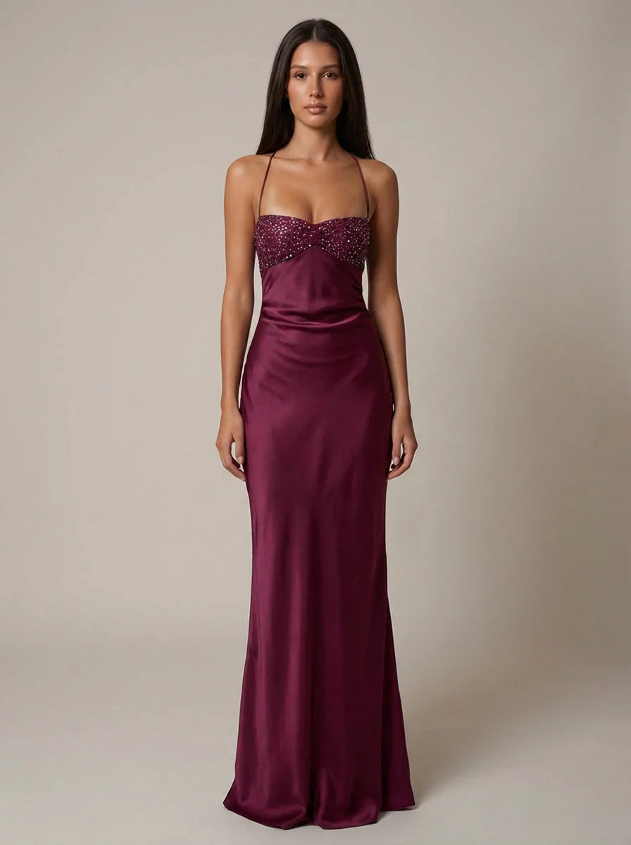 Beaded halter neck maxi dress in pink satin-effect fabric for formal occasions
