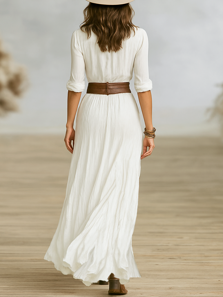 Women Chic Elegant Maxi Dress paired with statement belt and boots for bohemian-inspired styling