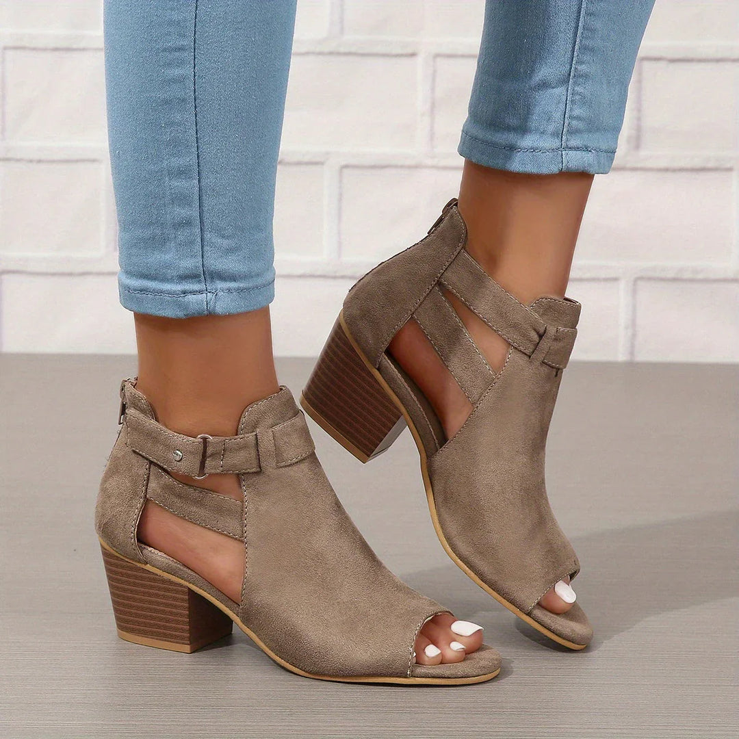 Women's block heel sandals in beige colourway with cut-out ankle design