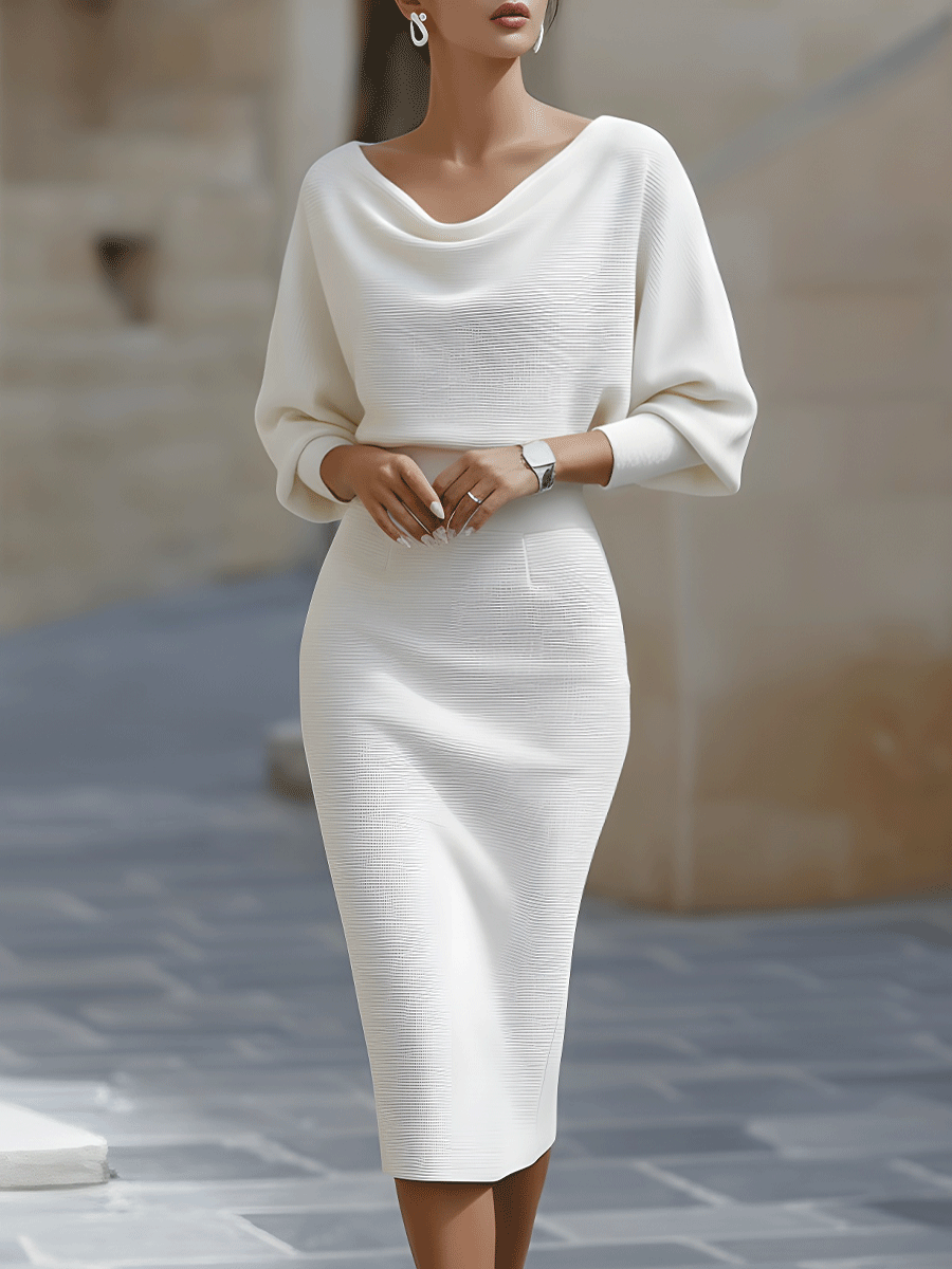 Woman styling the white ribbed knit bodycon dress for a warm-season occasion