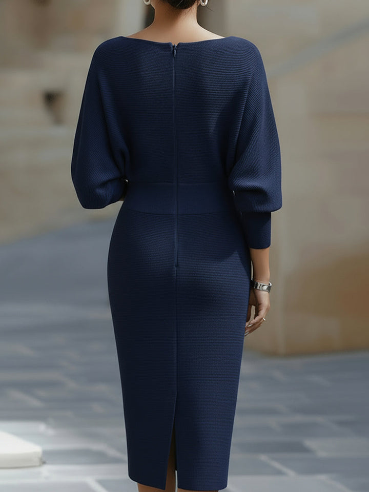 Front view of the Women's Boat Neck Batwing Sleeve Midi Bodycon Dress in natural daylight