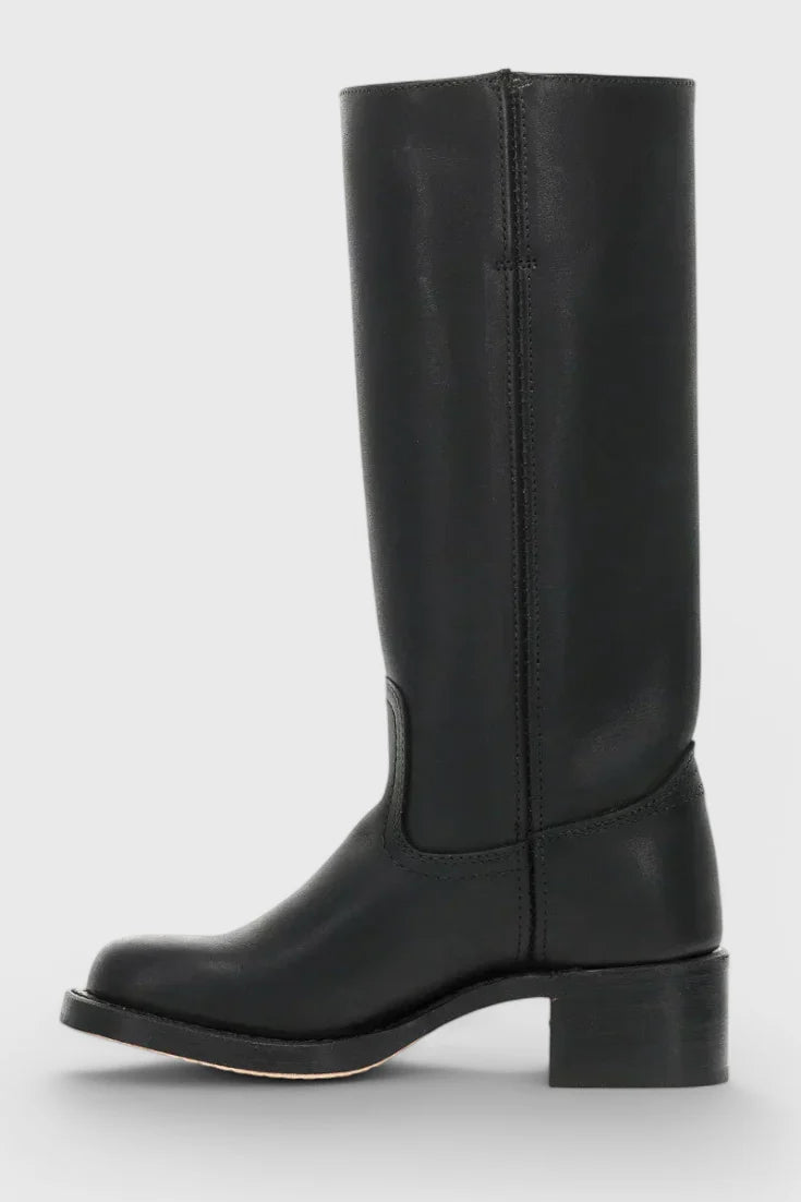 Classic Knee-High Heeled Boots in dark brown colourway with visible topstitching
