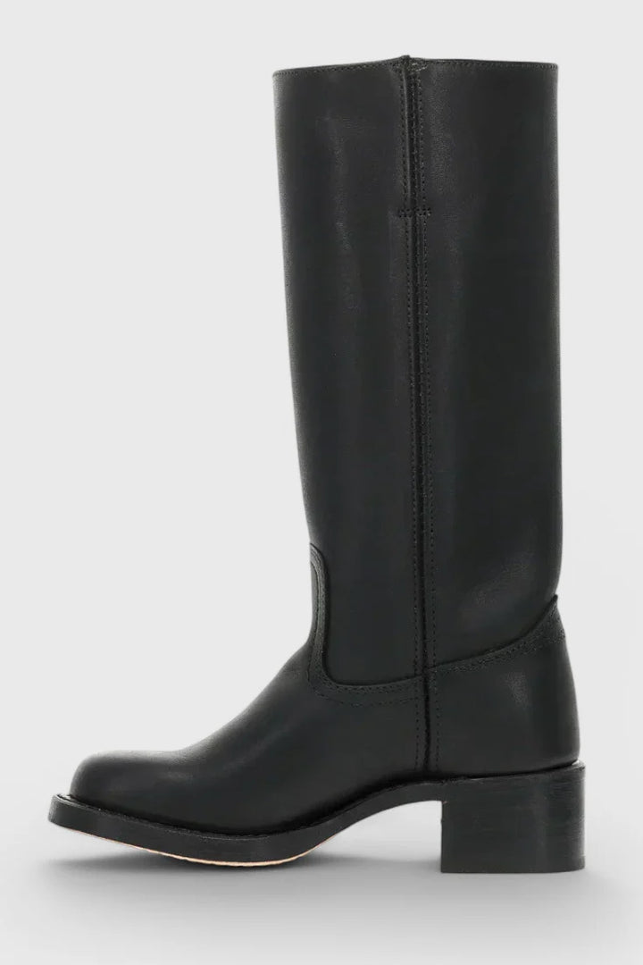 Classic Knee-High Heeled Boots in dark brown colourway with visible topstitching