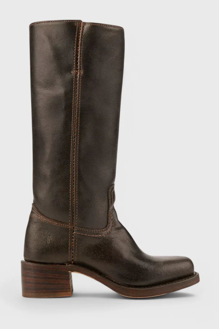 Full-length view of women's knee-high heeled boots in multiple colourways