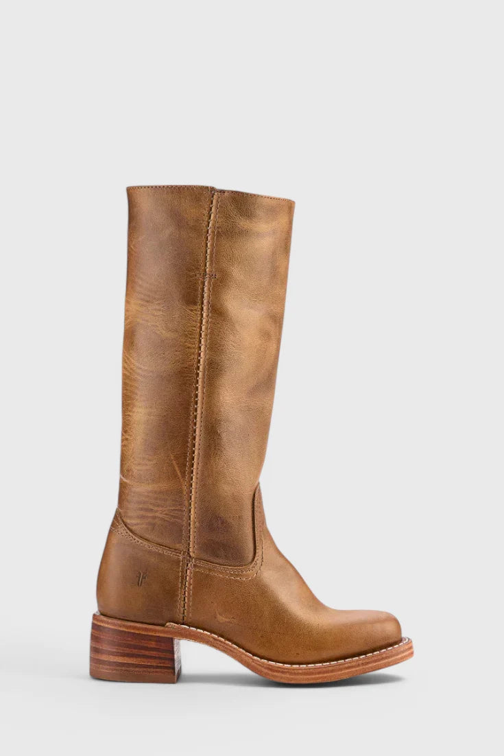 Close-up of Classic Knee-High Heeled Boots rounded toe and topstitching detail