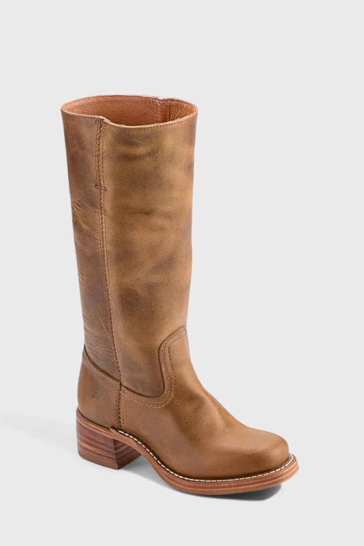 Side profile of knee-high heeled boots with block heel and smooth finish