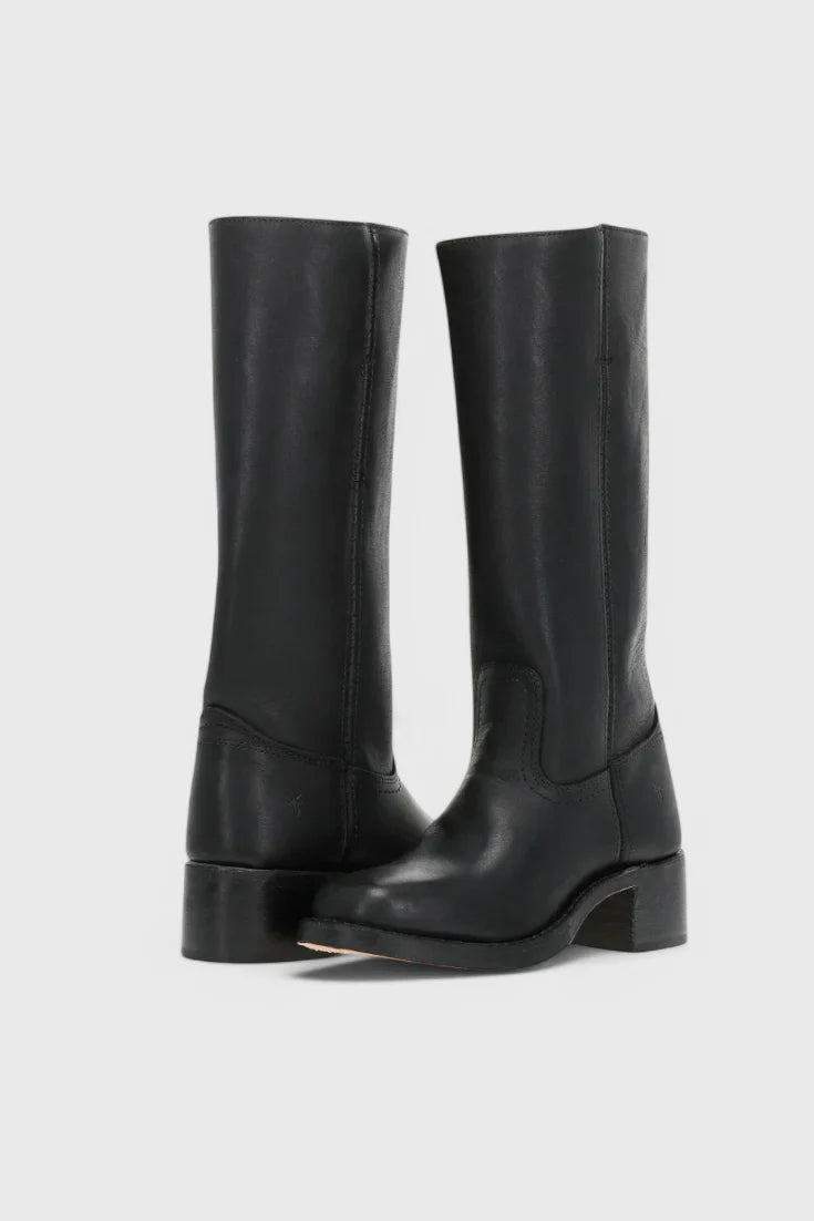 Detail shot of Classic Knee-High Heeled Boots heel counter and smooth finish