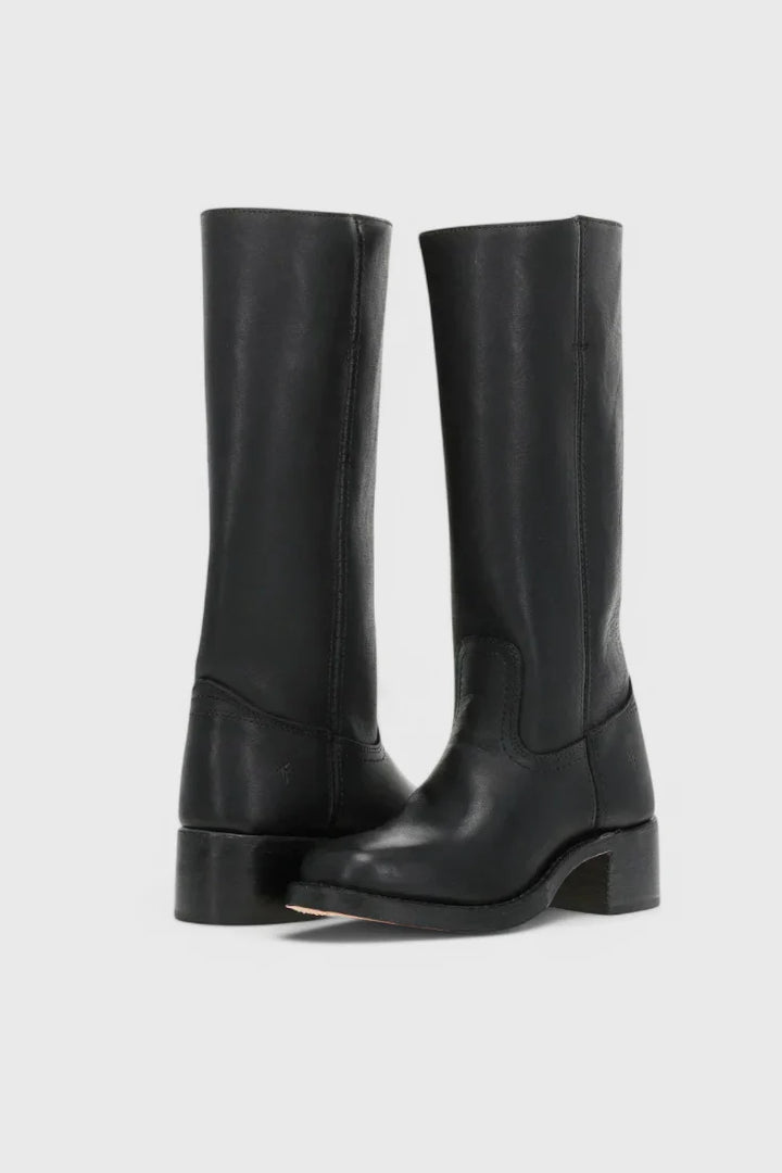 Detail shot of Classic Knee-High Heeled Boots heel counter and smooth finish