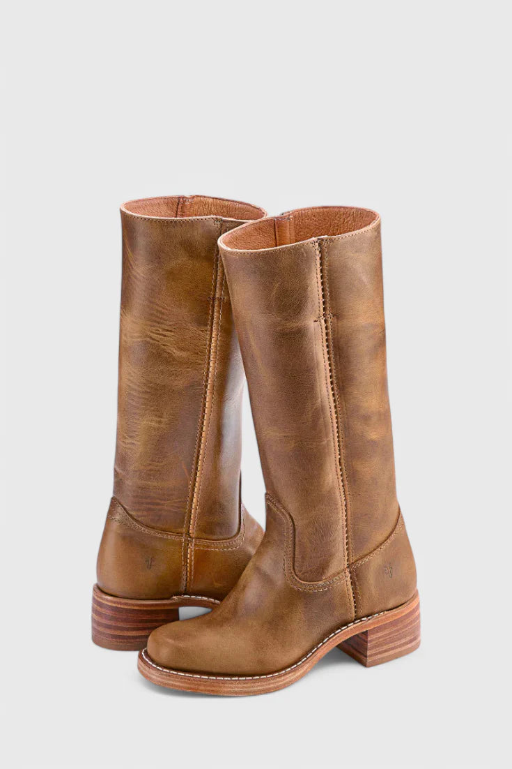 Rear view of knee-high heeled boots displaying block heel and structured silhouette